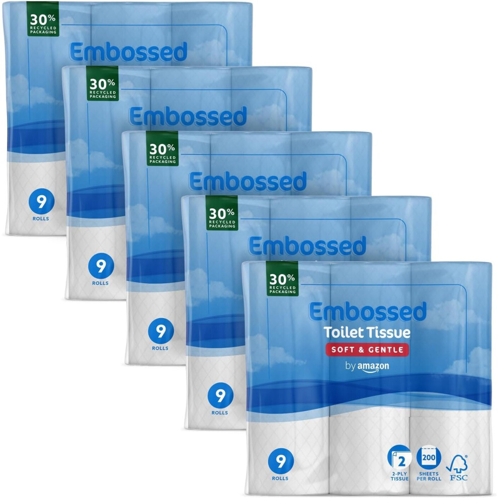 Amazon By 2 Ply Embossed Toilet Paper 45 Rolls (5 Packs Of 9) 200 Sheets Per Roll (Previously Presto!)