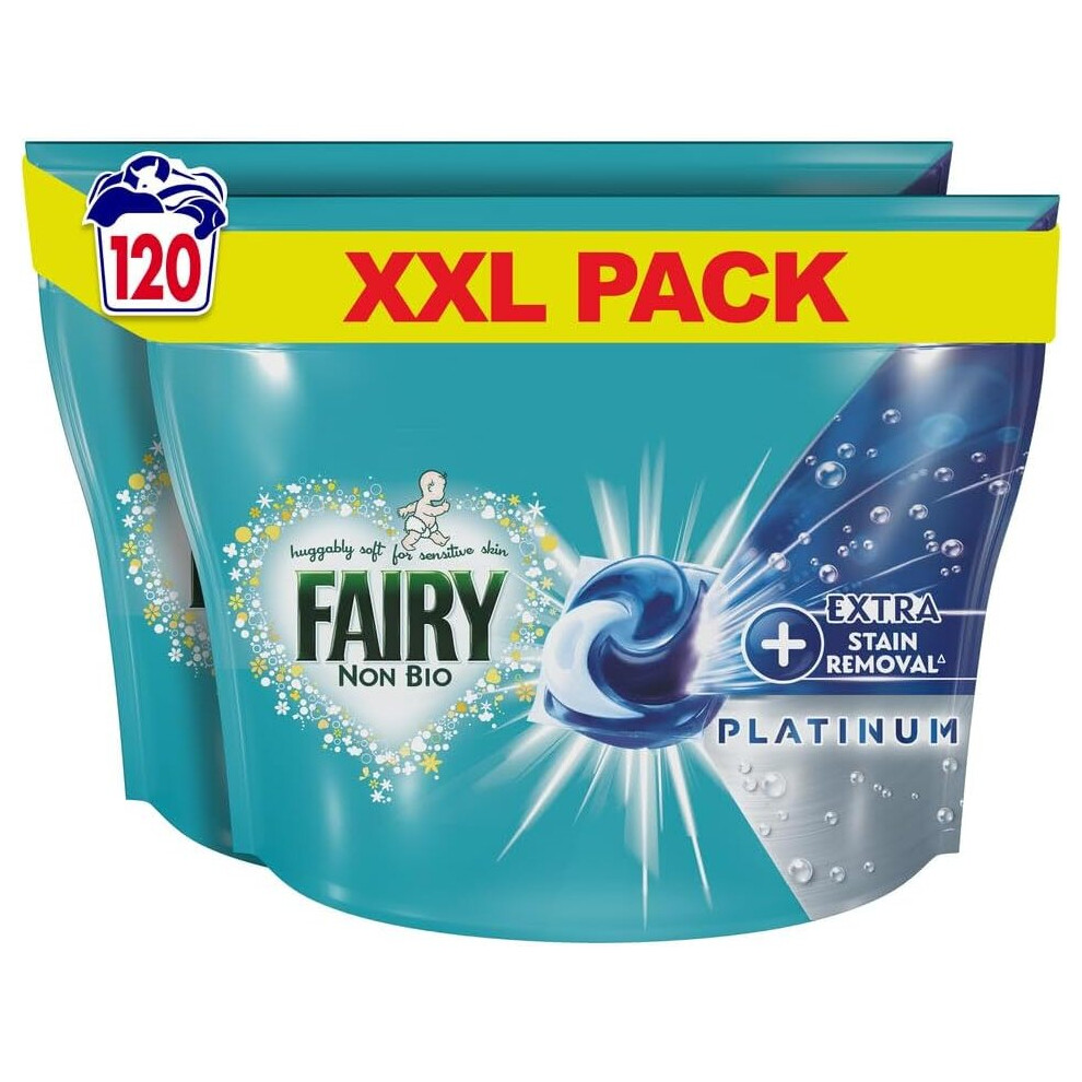 Fairy Non-Bio Platinum PODS, Washing Liquid Laundry Detergent Tablets / Capsules, 120 Washes (60 x 2) with Extra Stain Removal