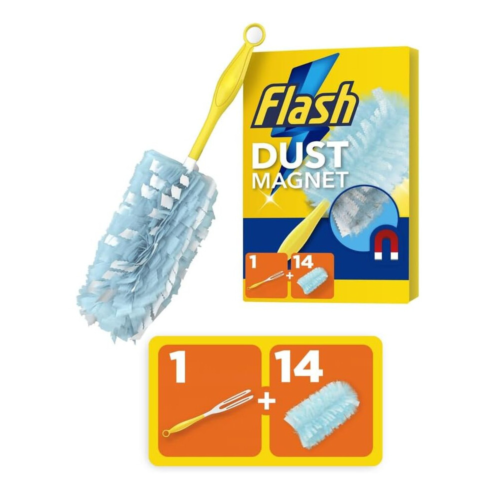 FLASH Duster Dust Magnet Starter Kit Trap And Lock Away Dust Dirt And Hair In No Time 1 Handle + 14 Refills