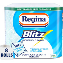 Regina Blitz Household Towel - 8 Extra-Large Rolls, 560 Triple-Layer Sheets, Super-Sized & Absorbent, FSC-Certified