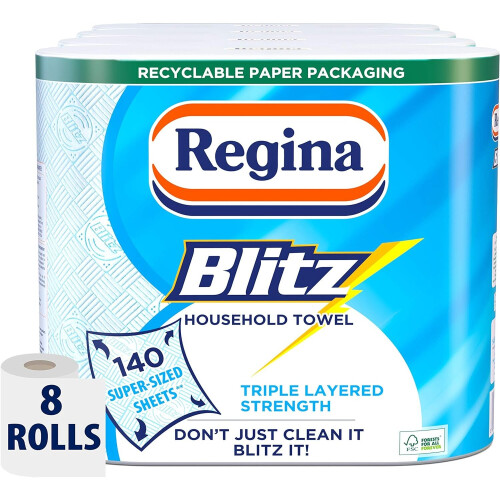 Regina Blitz Household Towel - 8 Extra-Large Rolls, 560 Triple-Layer Sheets, Super-Sized & Absorbent, FSC-Certified