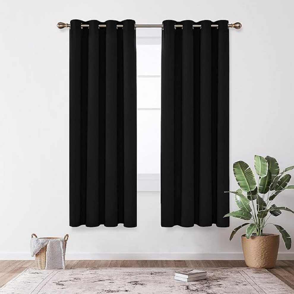 (Black , 66" x 54") Blackout Eyelet Curtains For Bedroom Living Room Nursery Thermal Insulated Ring Top Curtain Ready Made Window Panel