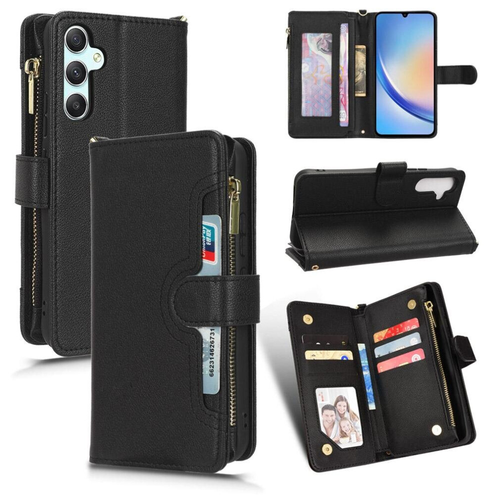 (Black) Case For Samsung Galaxy A34 5G Leather Cover Card Holder Zipper Wallet Magnetic PU Leather Flip