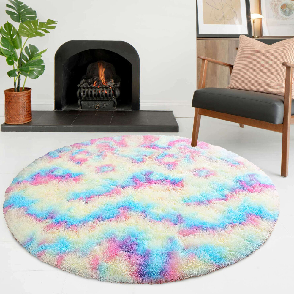 (Rainbow, 120 X 120 cm-Round Rug) Fluffy Rugs Anti-Slip Large Shaggy Rug Super Soft Mat Living Room Bedroom Carpet