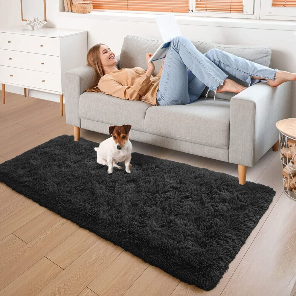 (Black, 60cm x 220cm (2ft x 7ft 7")) Non Slip Rugs Shaggy Fluffy Rugs Runners & Bath Door Mats