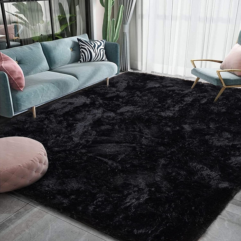 (Black, 120cm x 170cm (4ft x 5ft 8")) Non Slip Rugs Shaggy Fluffy Rugs Runners & Bath Door Mats