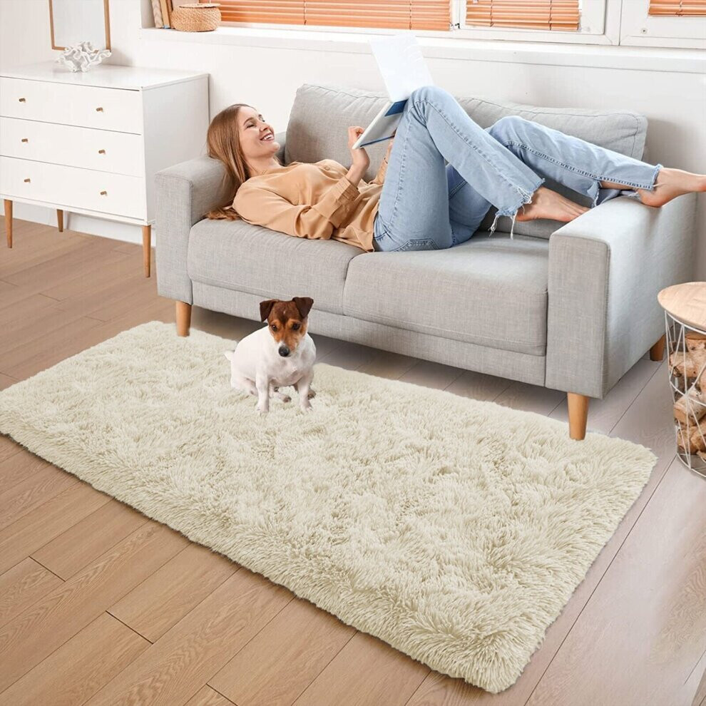 (Cream, 60cm x 220cm (2ft x 7ft 7")) Non Slip Rugs Shaggy Fluffy Rugs Runners & Bath Door Mats