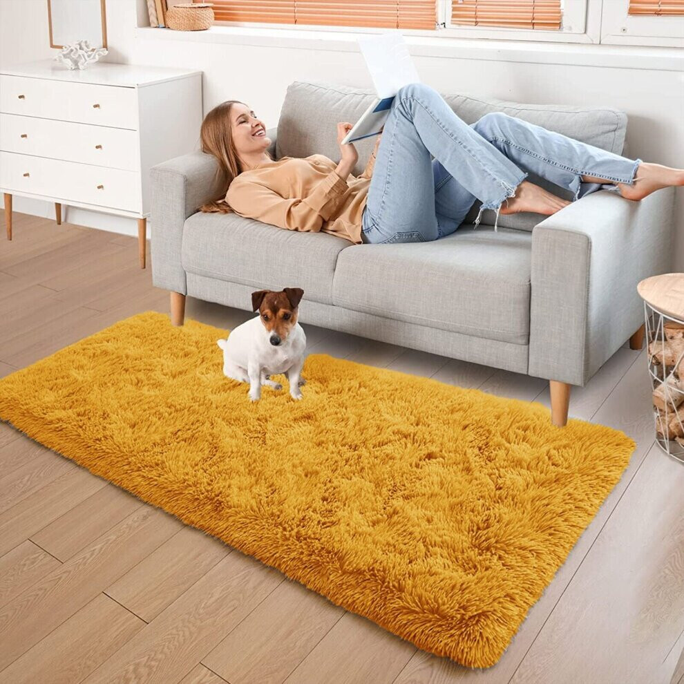 (Yellow/Ochre, 60cm x 220cm (2ft x 7ft 7")) Non Slip Rugs Shaggy Fluffy Rugs Runners & Bath Door Mats