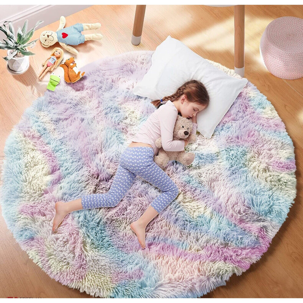 (Rainbow, 120cm x 120cm (4ft x 4ft)_Round Rug) Non Slip Rugs Shaggy Fluffy Rugs Runners & Bath Door Mats