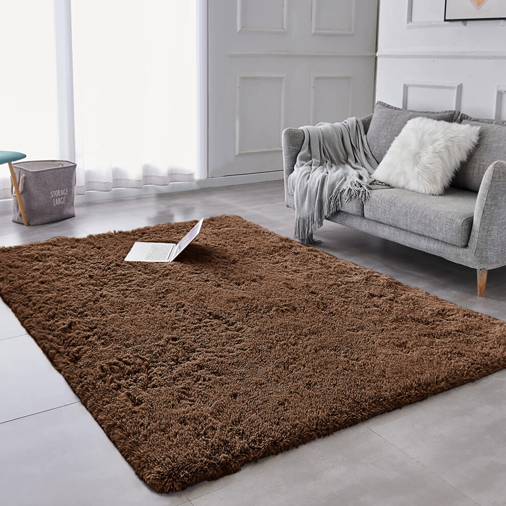 (Brown, 160cm x 230cm (5ft 4" x 7ft 8")) Non Slip Rugs Shaggy Fluffy Rugs Runners & Bath Door Mats