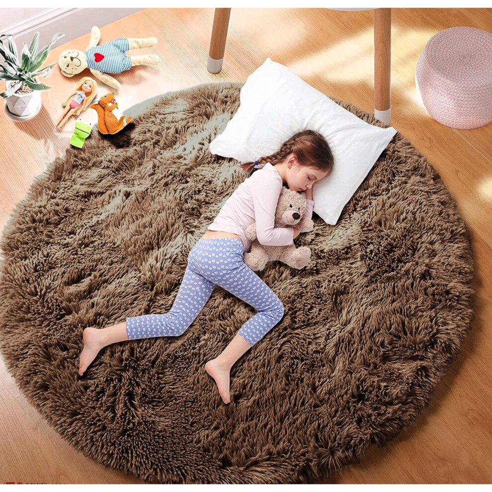 (Brown, 120cm x 120 cm (4 ft x 4 ft)_Round Rug) Non Slip Rugs Soft Shaggy Area Rugs Runner Bath & Door Mats