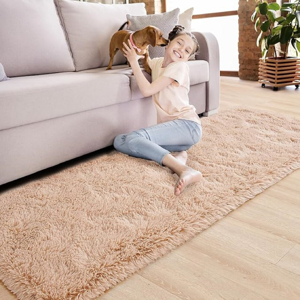 (60cm x 220cm (2ft x 7ft 7") Runner) Fluffy Beige Rugs For Living Room Kitchen Hallway Runner Non Slip Area Rug Shaggy Carpet Door Mats