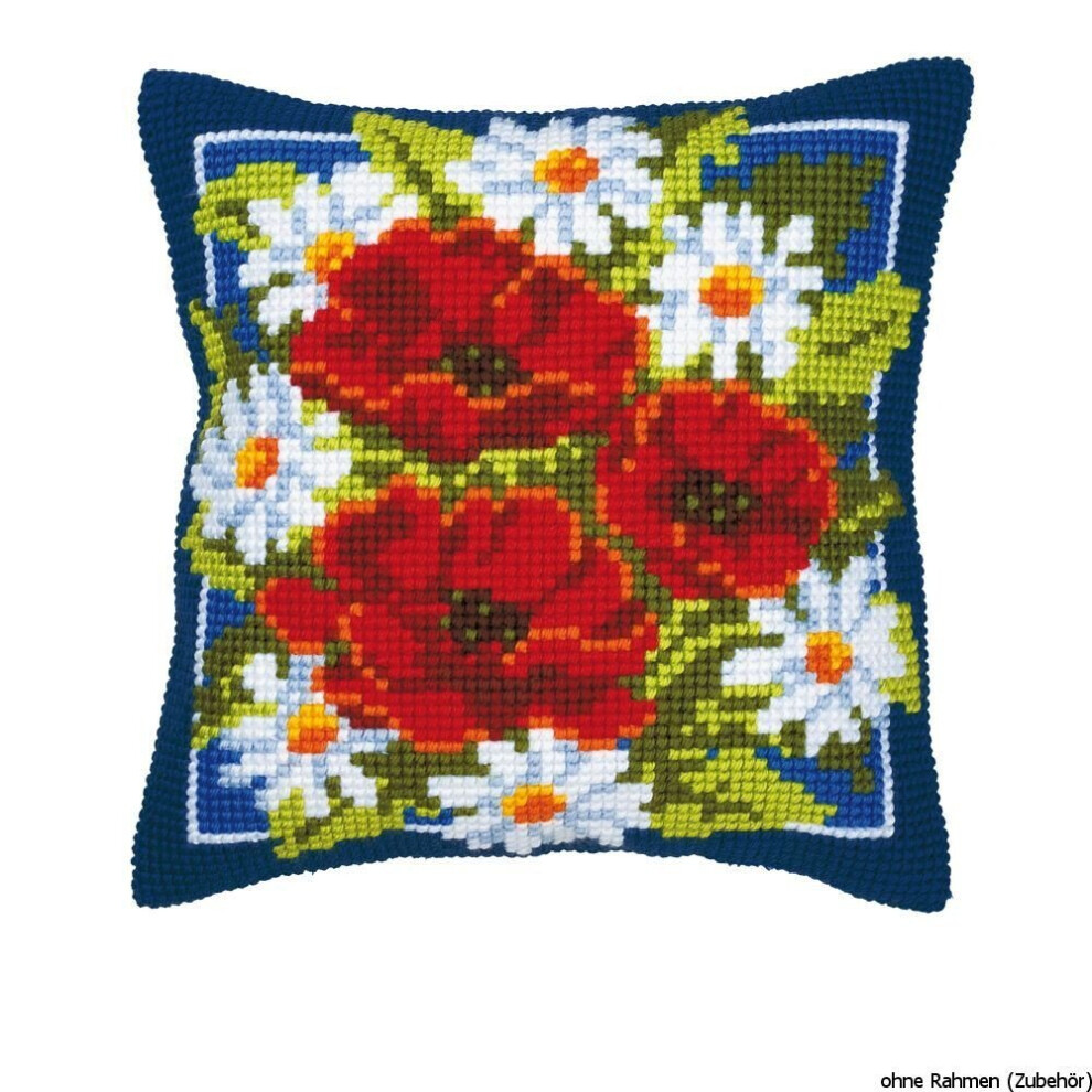 Vervaco Blue Poppies In Background Cross Stitch Cushion, Multi-Colour