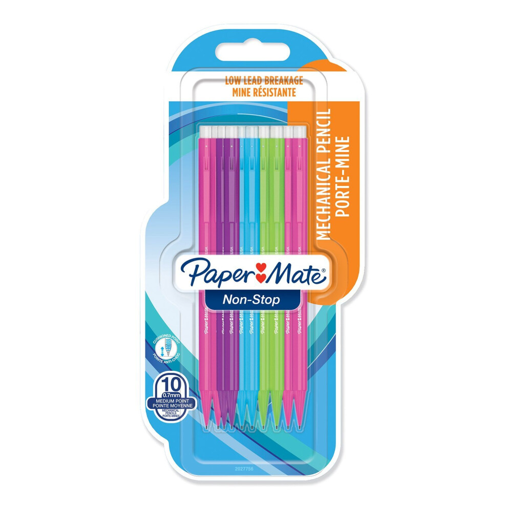 Paper Mate 2027756, 0.7 mm Non-Stop Mechanical Pencil, HB #2, Assorted Neon Barrel Colours, Pack of 10