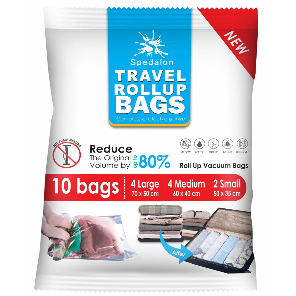 Travel Roll Up Compression Bags For Travelling - Pack of 10 (Medium to Large) - Double Zipper, Reusable Space Saver Bags for Home Storage and...