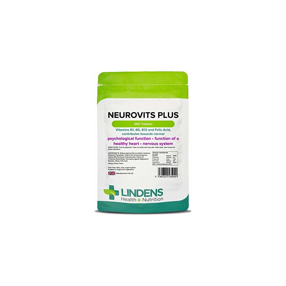 Lindens Neurovits Plus Tablets | 360 Pack | Contains Vitamin B1, B6, B12 & Folic Acid Contributes Towards Normal Psychological Function, Healthy..