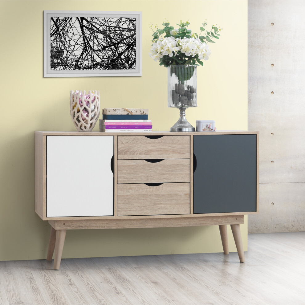 Alford Sideboard 2 Doors 3 Drawers Storage Cabinet Cupboard Oak Grey