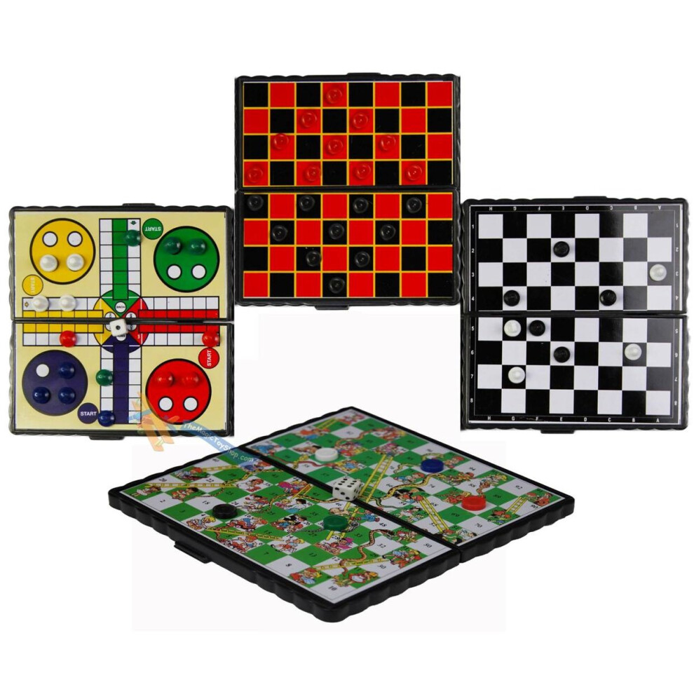 The Magic Toy Shop Magnetic Travel Board Games Set of 4 Chess Ludo Snakes and Ladders Draughts Game