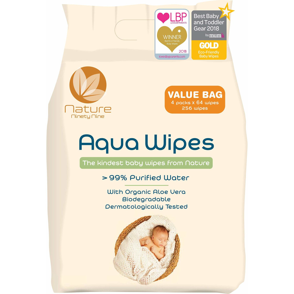 Aqua Wipes Baby Wipes, (Bag of 4 x 64 Wipe Packs (256 Wipes)), 100% Biodegradable, Suitable from Birth, 99.6% Purified Water, AQW64F, Vegan,...