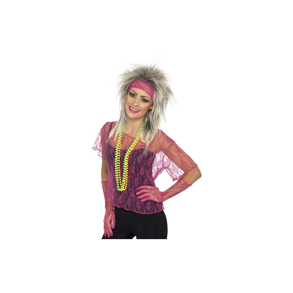 Neon Pink Women's Lace Net Vest With Gloves And Headband -  lace net neon vest pink 1980s fancy dress gloves ladies headband costume smiffys