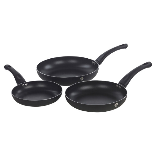 Blaumann (Matt Black) 3 Pc Frying Pan Set With Soft Touch Handles and 6 Pc Kitchen Tool Set