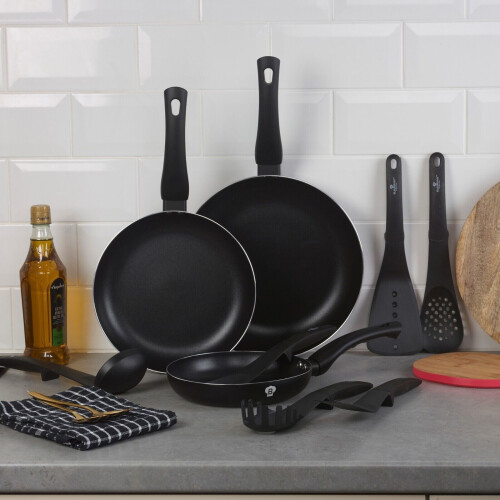 Blaumann (Matt Black) 3 Pc Frying Pan Set With Soft Touch Handles and 6 Pc Kitchen Tool Set 1