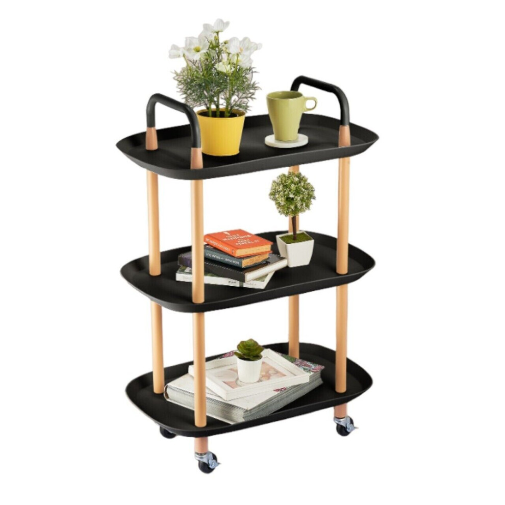 (Black) 3 Tier Beech Wood & Plastic Serving Storage Trolley Food Drinks Cart on Wheels