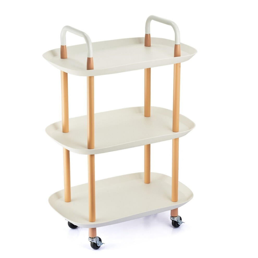 (White) 3 Tier Beech Wood & Plastic Serving Storage Trolley Food Drinks Cart on Wheels