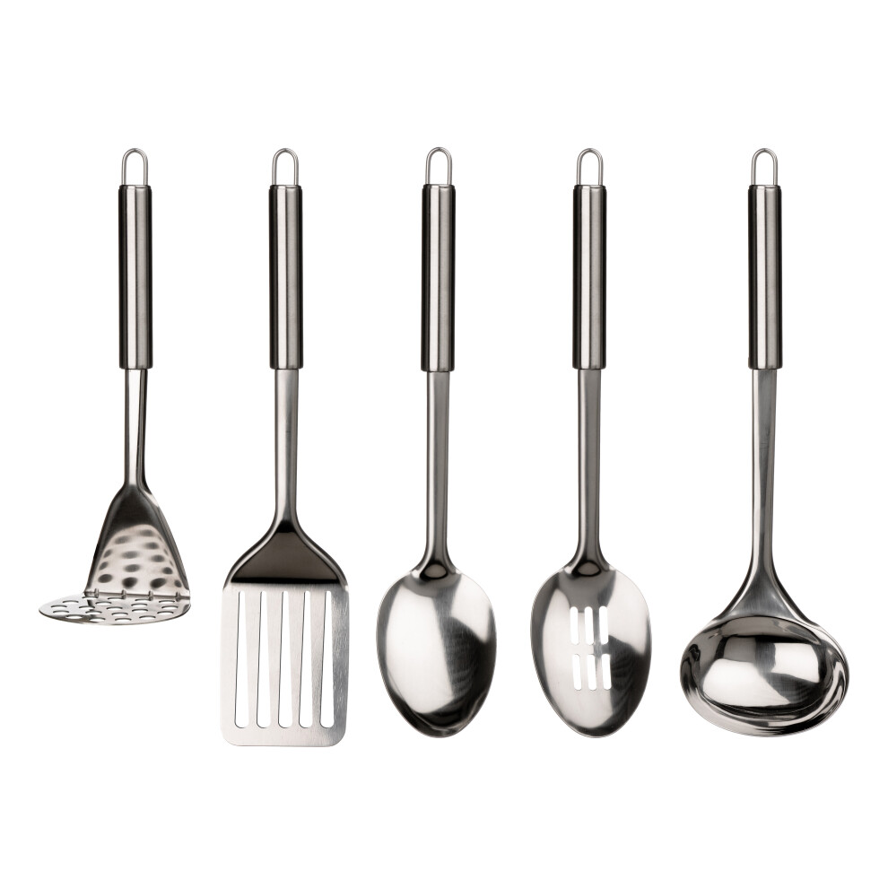 Premier Housewares 5Pc Stainless Steel Utensil Set,Kitchen Tools With Solid Spoon, Slotted Spoon, Ladle, Masher & Turner