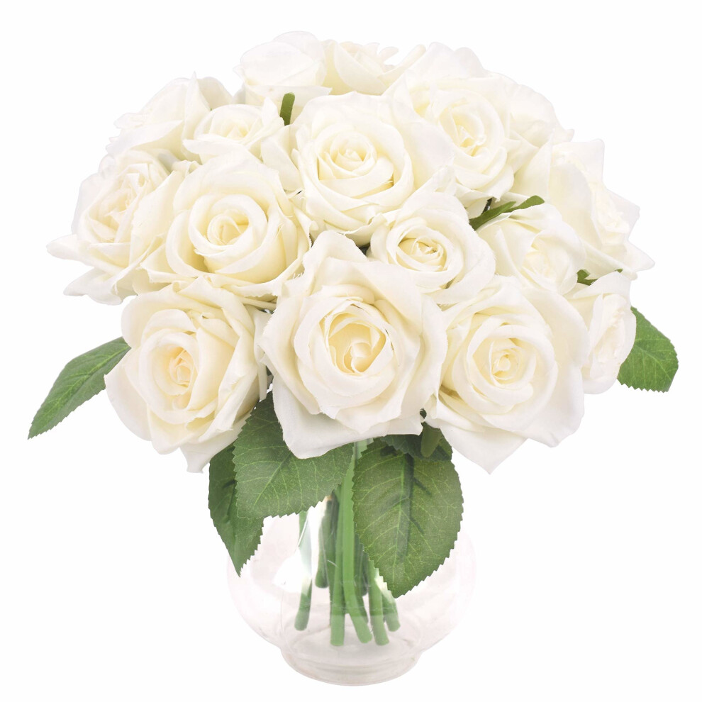 Famibay Rose Artificial Flower 18 Heads Roses Fake 2 Bouquets for Wedding Silk Artificial Flower Bouquet (White,No Vase)