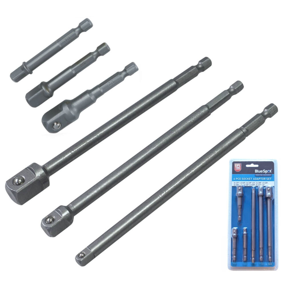 BlueSpot 6pc Impact Drill Bit Socket Adapter Set Extension Bar 1/4" 3/8" 1/2