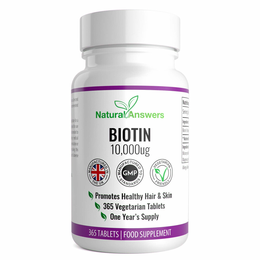 Biotin 10,000UG Pills 365 Tablets (Full Year Supply) Skin and Hair Biotin Tablets (Vitamin B7) Biotin UK Manufactured Supplement