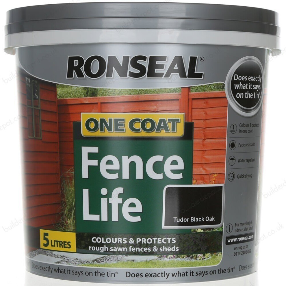 Ronseal RSLOCFLTBO5L One Coat Fence Life Tudor, Black, 5 Litre
