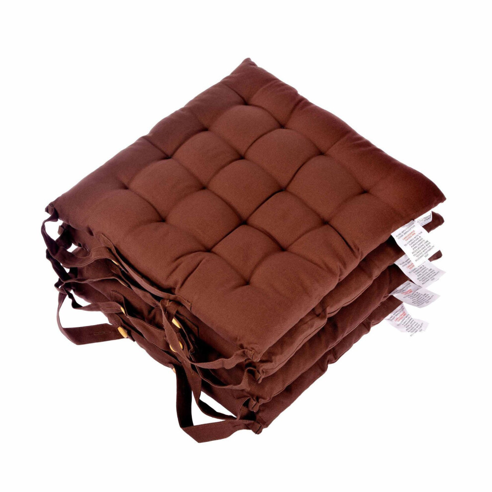 Homescapes Brown Seat Pads for Dining Chair, Set of 4 100% Cotton Chair Pads with Straps, 40x40 cm
