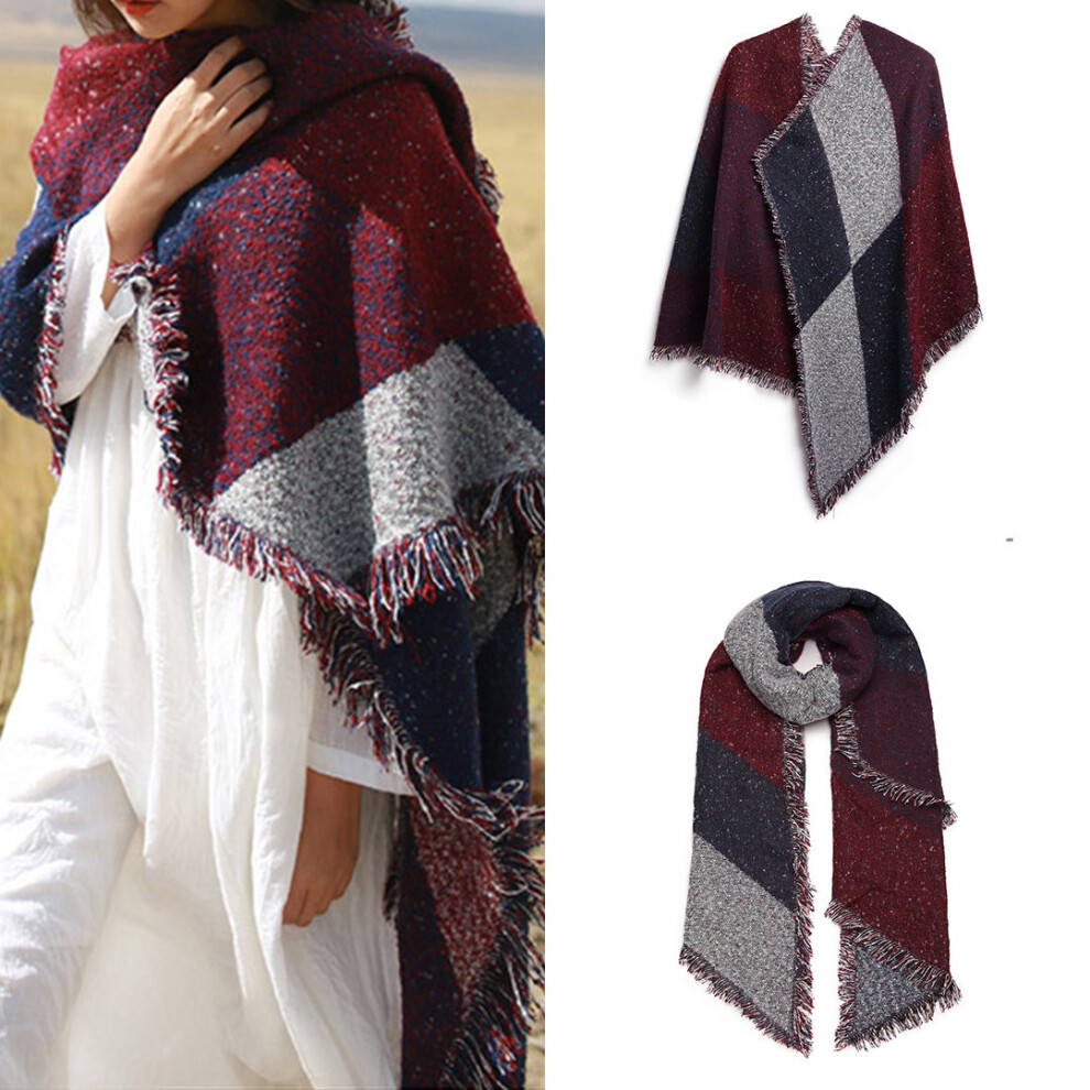 (Red) Women Ladies Fashion Plaid Scarf Blanket Winter Warm Wrap Shawl