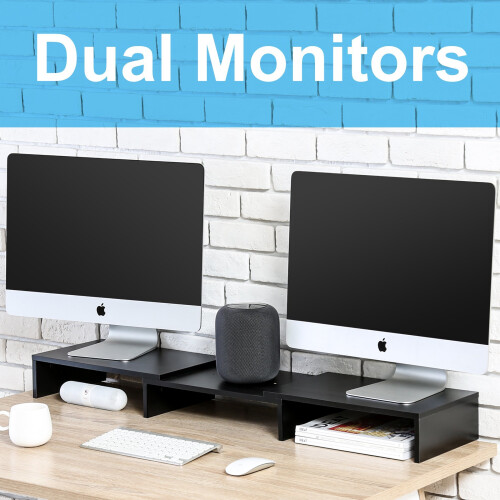 FITUEYES Wood Dual Monitor Stand Riser for Computer TV Laptop Swivel,Length Adjustable DT108001WB