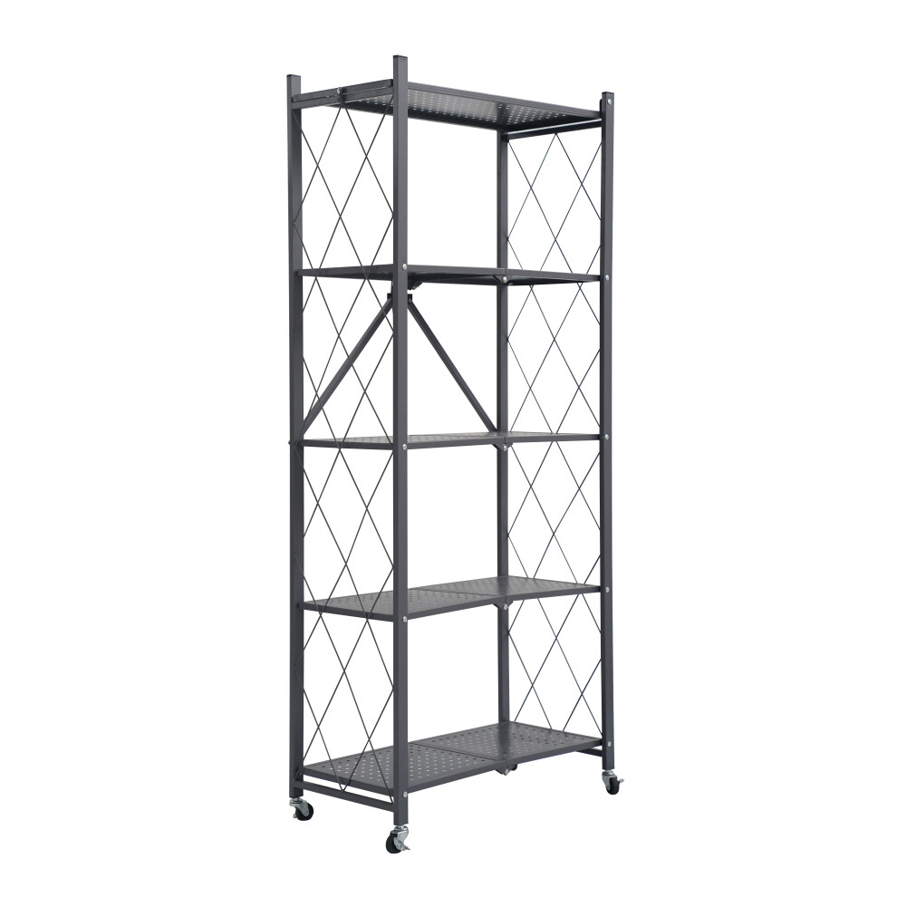 (Grey) 5 Tier Metal Folding Storage Shelf with Wheels