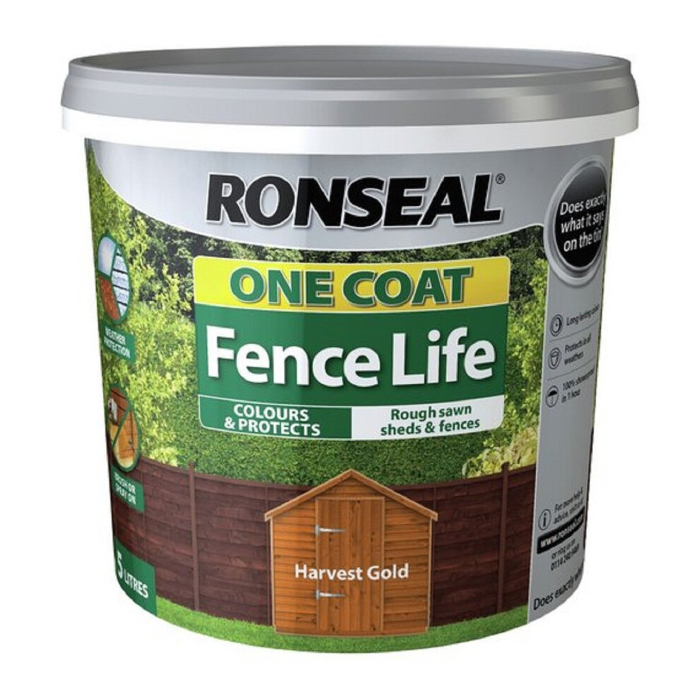 Ronseal RSLOCFLHG5L One Coat Fence Life, Gold - Quick-Drying Protection for Rough Sawn Garden Timber (5 Litre)