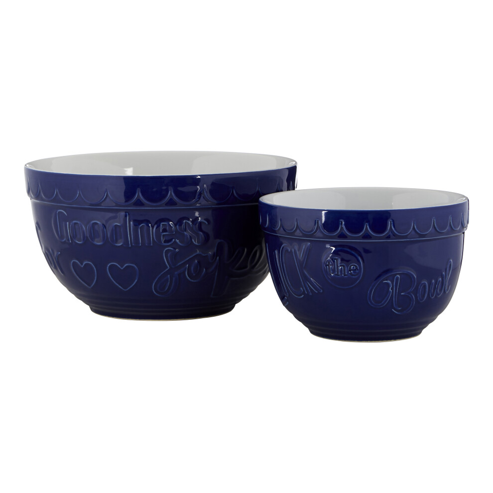 Premier Housewares Set Of 2 & Mixing Bowls,Embossed Stoneware Bowls,Large & Small Mixing Bowls Set For Everyday Use Blue/White