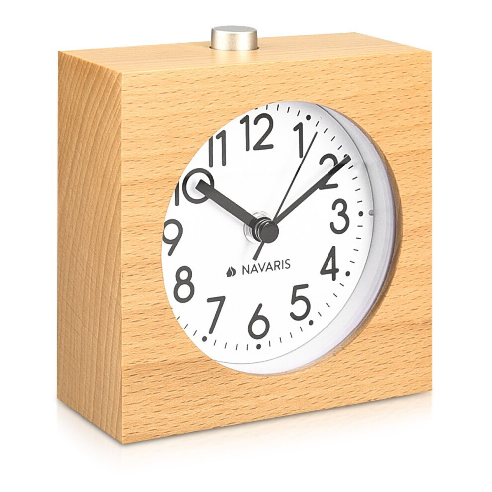 Navaris Analogue Wood Alarm Clock - Retro Table Clock Square Design Snooze Function Clock Face Alarm Light - Natural Wood in Light Brown