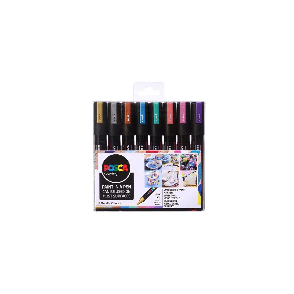 Uni Posca PC-5M Paint Marker Pen Wallet, Metallic Colours Set of 8 Assorted Colours, Medium Tip