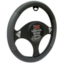 Ultimate Black/ Grey 100% Leather Steering Wheel Cover - Universal 37cm - 39cm