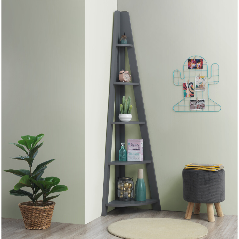 Riva Scandinavian Retro Corner Ladder Bookcase Shelving Shelf Dark Grey 5 Tier