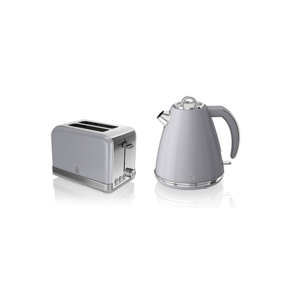 Swan, STP7040GRN, Retro 1.5L Jug Kettle & 2 Slice Toaster, Stainless Steel Body, 3kw, Fast Boil, Slide Out Crumb Tray, Auto-Centering in Grey