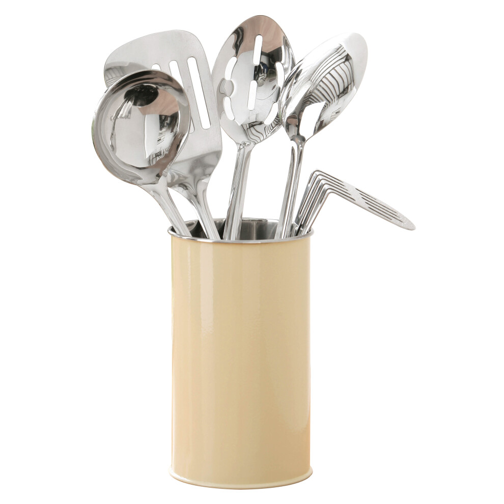 5pc Cream Enamel Canister Kitchen Utensils Set,Utensil Holder With Utensils,Cooking Tool Set For Kitchens