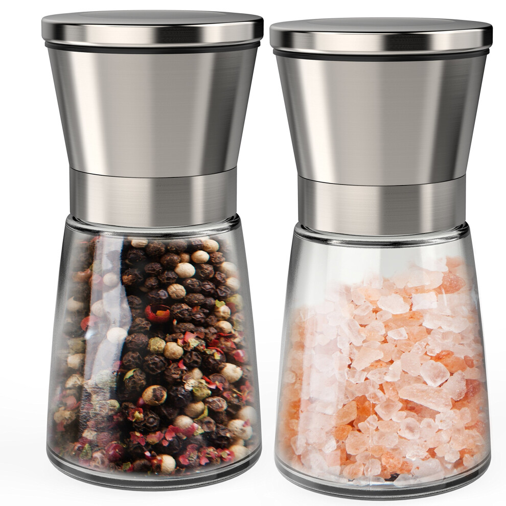 Salt and Pepper Grinder Set, Gvoo Premium Stainless Steel Glass Body Salt and Pepper Mills Shakers with Adjustable Ceramic Coarseness