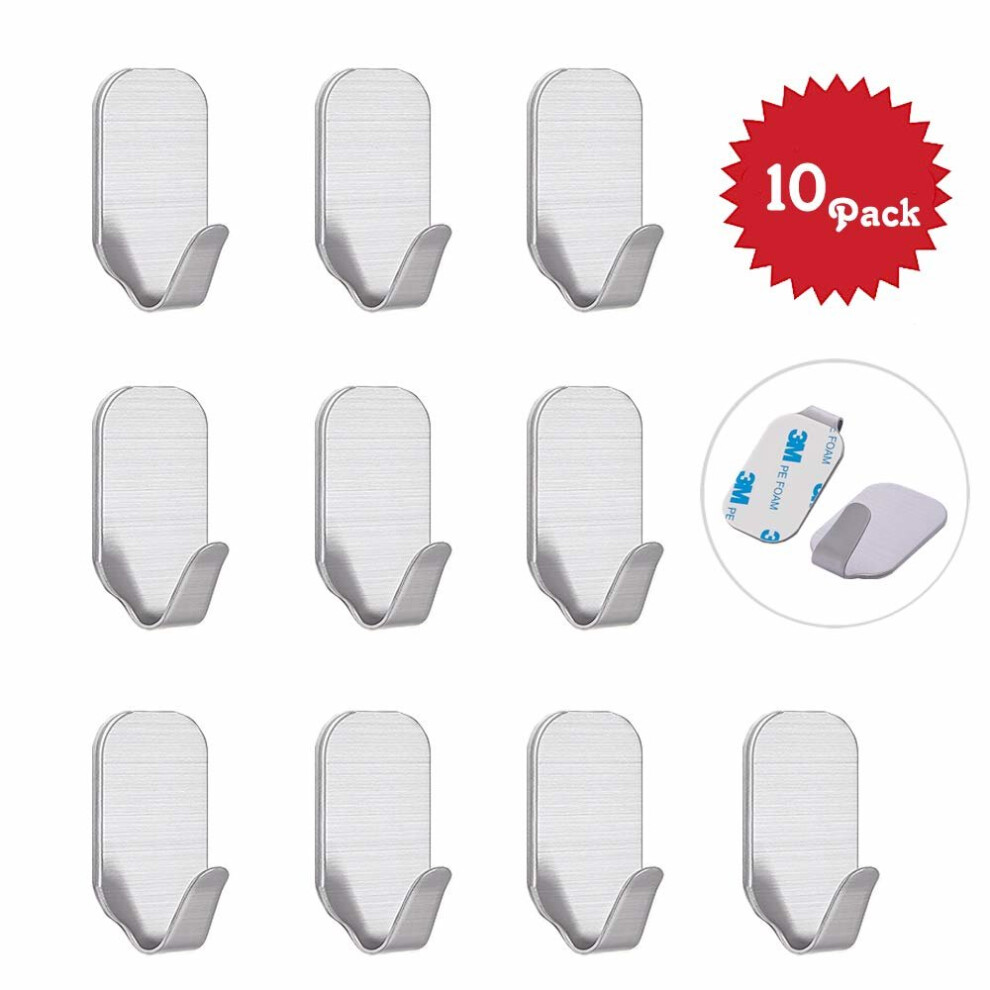 Self Adhesive Hooks, BeewayÂ® Pack 10 Stainless Steel 3M Adhesive Wall Hanger for Kitchen Bathroom Office Closet - Waterproof, No Drill Glue Needed