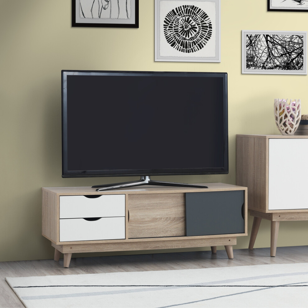 Timber Art Design Uk Alford Scandinavian Tv Unit Stand 120Cm Media Cabinet + Drawers Oak Grey