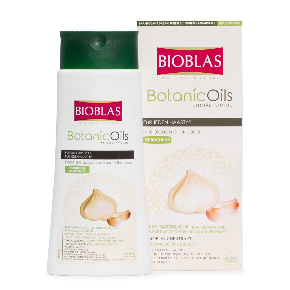 Bioblas botanic oils, garlic shampoo, odourless, dermatologically tested, anti hair loss shampoo, with organic oil, 360 ml