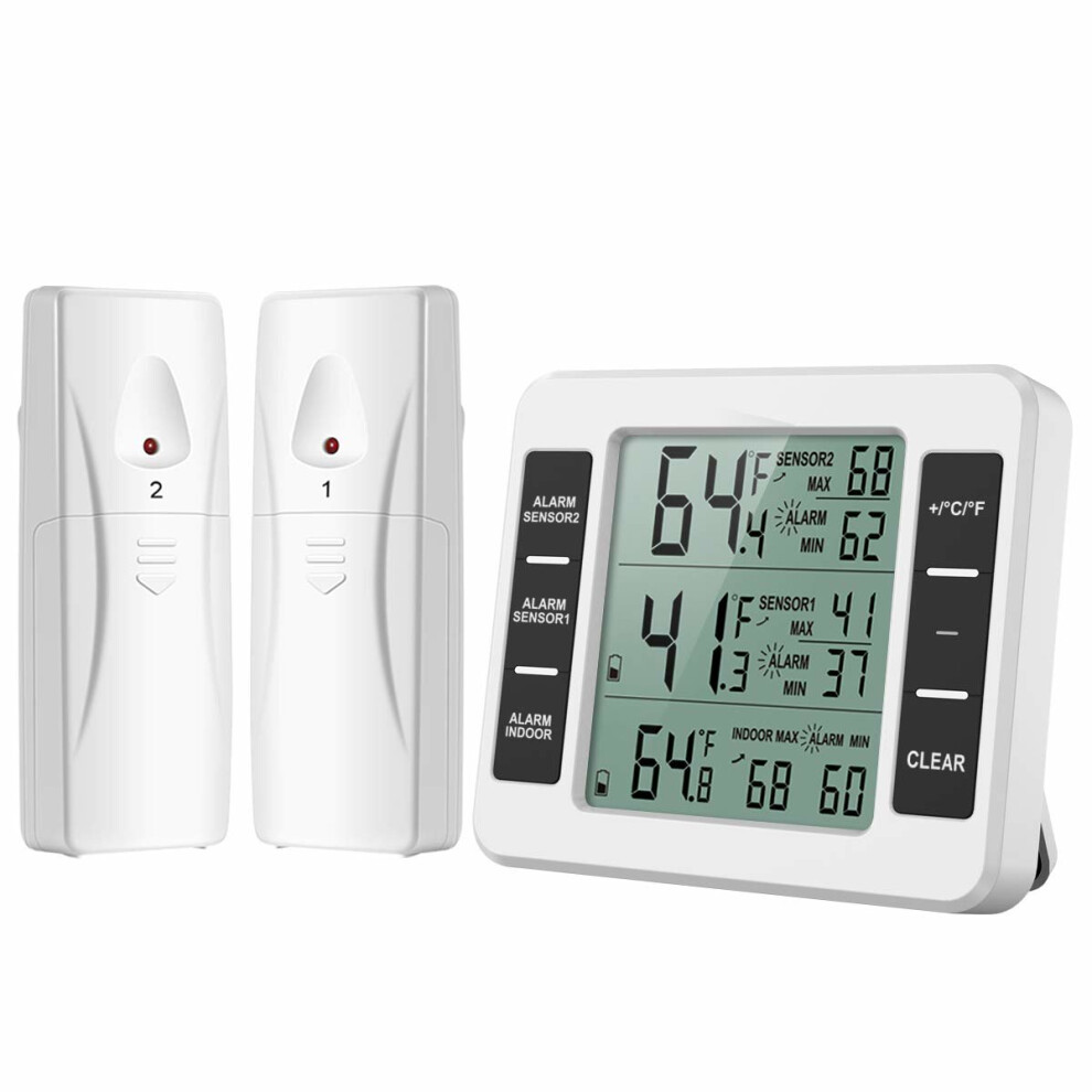 ORIA Fridge Thermometer, Digital Freezer Thermometer with Indoor Temperature Monitor and 2 Wireless Sensors, Refrigerator Thermometer with Audible...